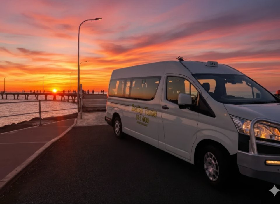Derby Taxi van at sunset